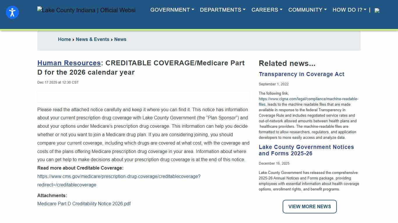 CREDITABLE COVERAGE/Medicare Part D for the 2026 calendar year